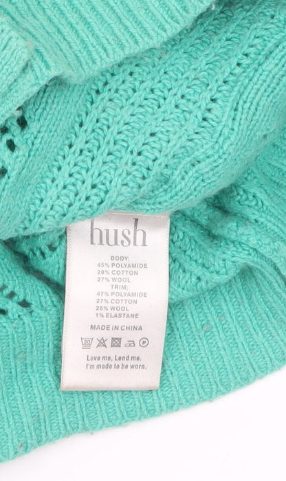 Hush Women's Green Ruffle Knit Cardigan Size S Open Knit Long Sleeve