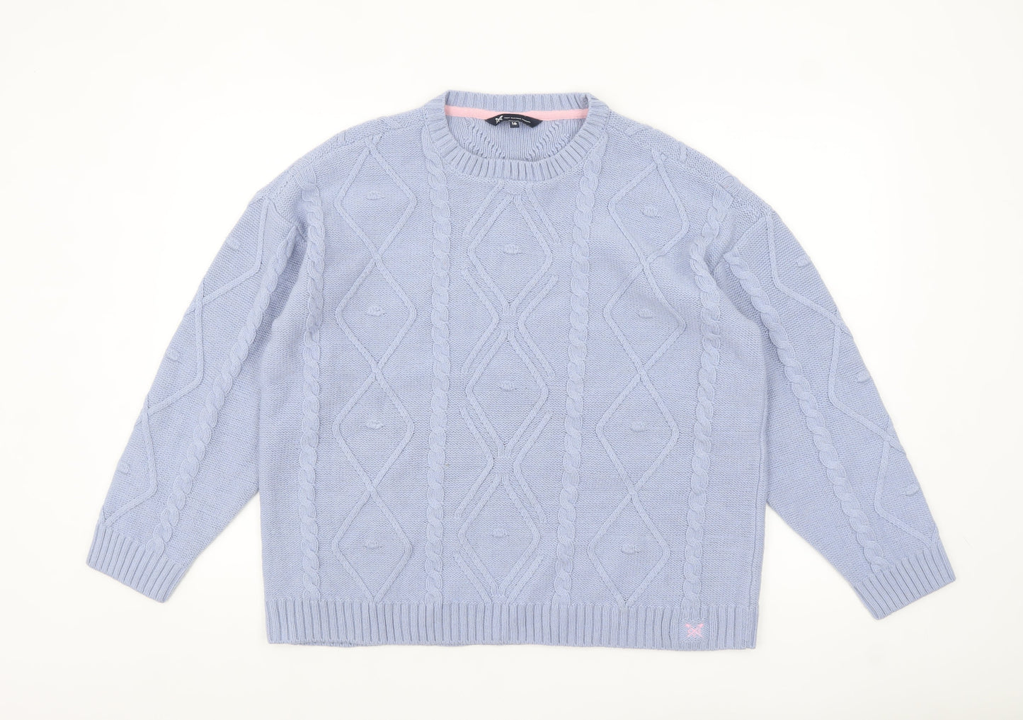 Crew Clothing Women Blue Cable-Knit Wool Blend Jumper Size 16