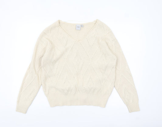 ICHI Women Ivory V-Neck Knit Pullover Jumper XS
