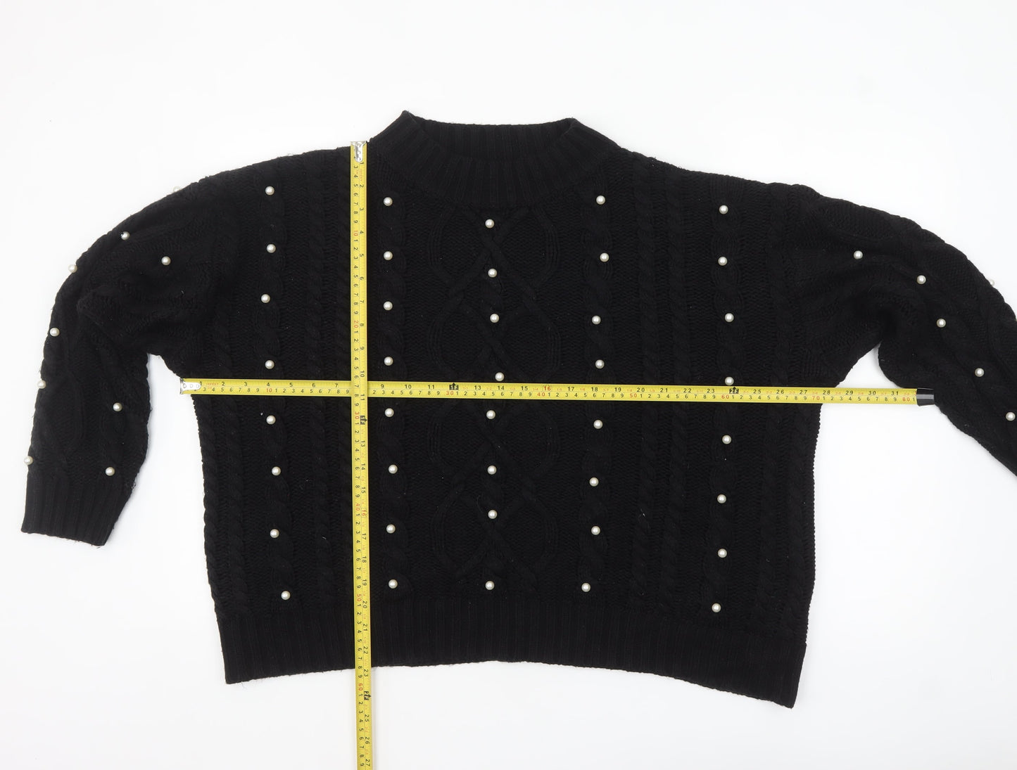 Simply Be Women’s Black Beaded Cable-Knit Mock Neck Jumper Size 16