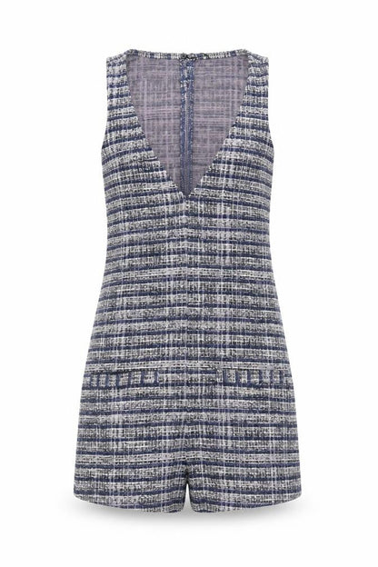 Stradivarius Women Blue Tweed Sleeveless V-Neck Playsuit Size S