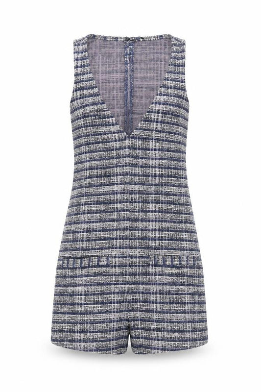 Stradivarius Women Blue Tweed Sleeveless V-Neck Playsuit Size S