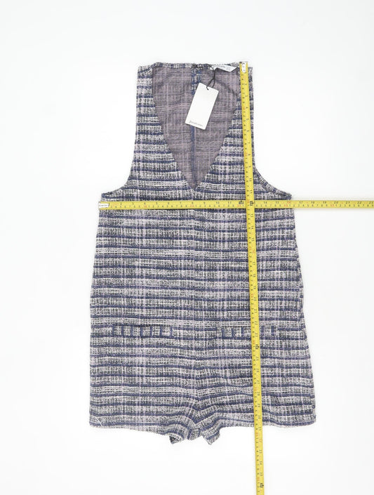 Stradivarius Women Blue Tweed Sleeveless V-Neck Playsuit Size S