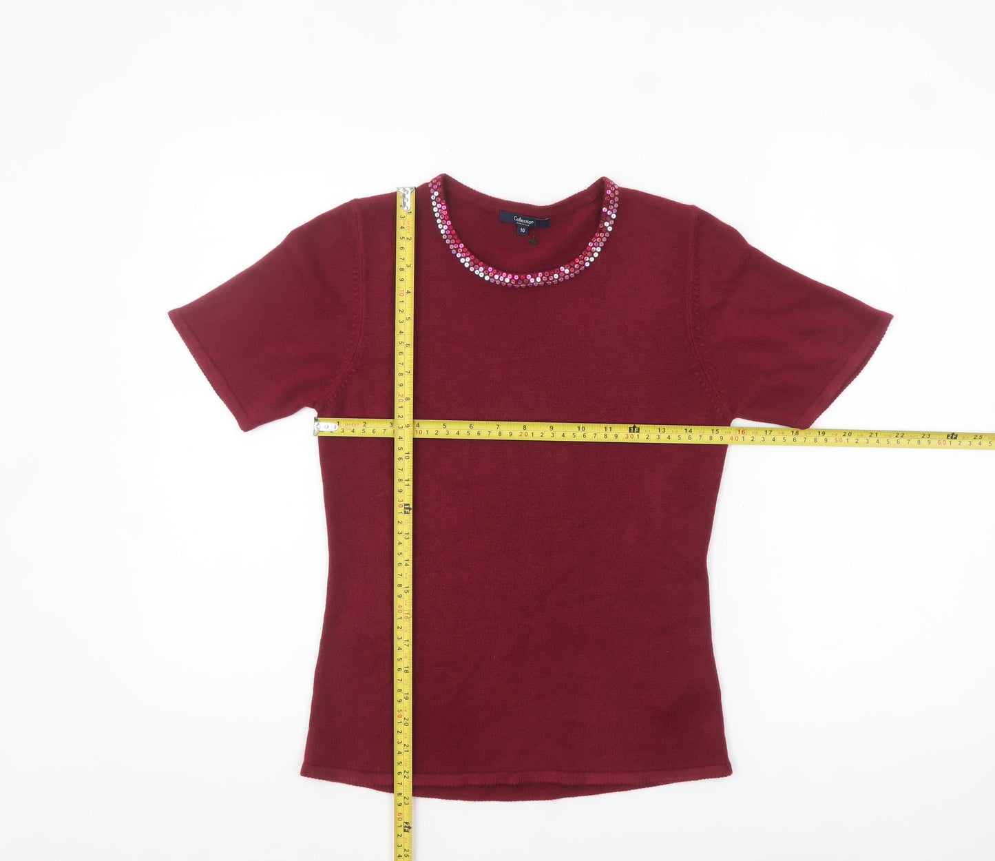 Debenhams Women Red Sequin Crew Neck Short Sleeve Jumper Size 10