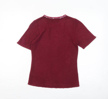 Debenhams Women Red Sequin Crew Neck Short Sleeve Jumper Size 10