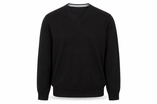 Front view of Blazer Men's Black V-Neck jumper, size M, Classic Knit