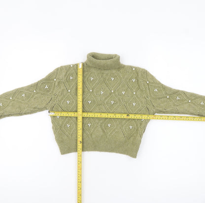 Zara Women Green Roll Neck Beaded Cable-Knit Jumper Size 12