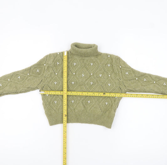 Zara Women Green Roll Neck Beaded Cable-Knit Jumper Size 12