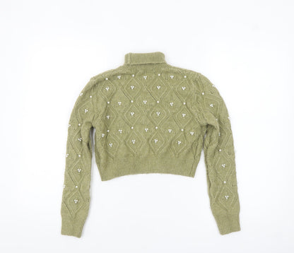 Zara Women Green Roll Neck Beaded Cable-Knit Jumper Size 12