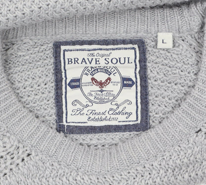 Brave Soul Men's Grey Chunky Knit Crew Neck Jumper Size L