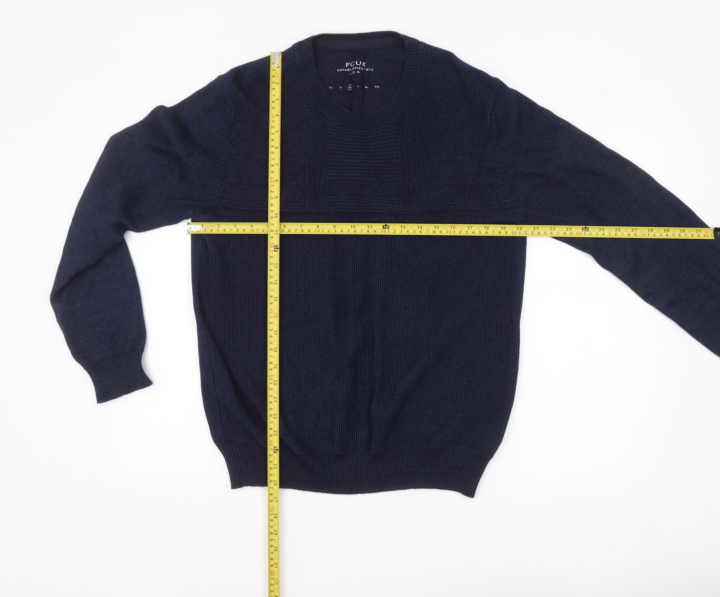 FCUK Men's Blue Cotton Knit Crew Neck Pullover Jumper Size M