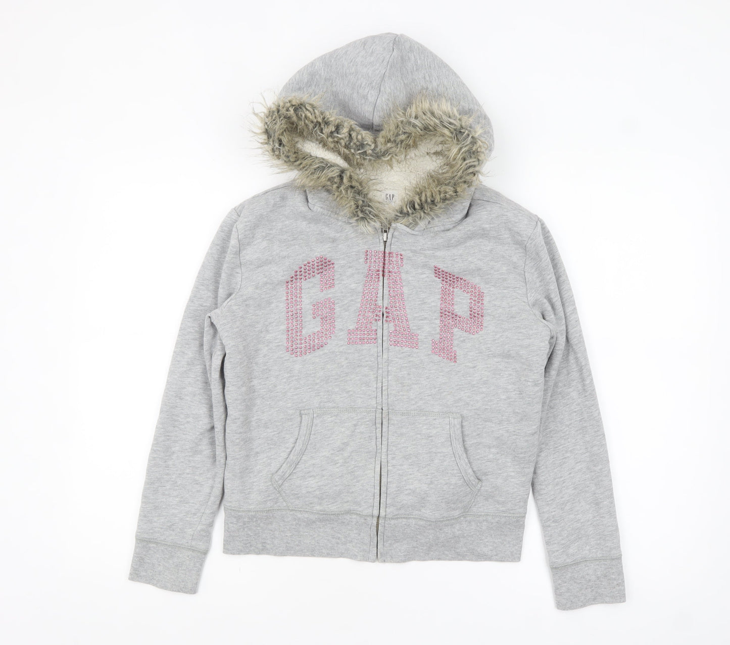 GAP Girls Grey Full Zip Fur Trim Hoodie Size 12-13 Years