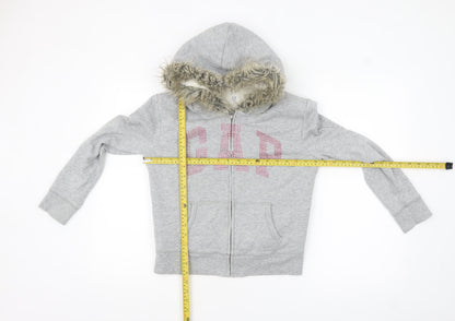GAP Girls Grey Full Zip Fur Trim Hoodie Size 12-13 Years