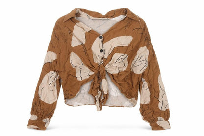 Zara Women's Brown Floral Cropped V-Neck Button Tie Blouse Size S