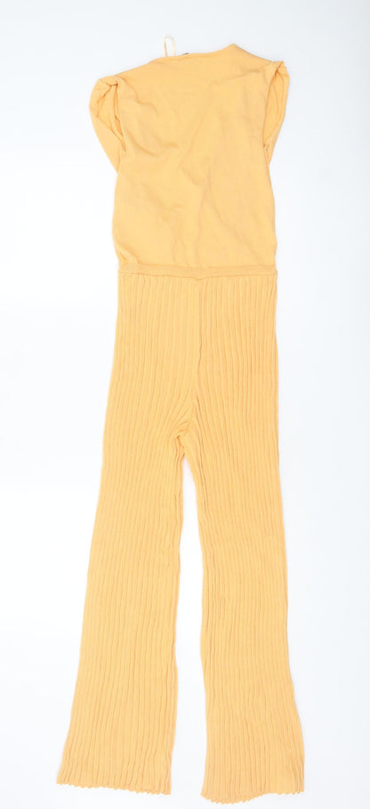 Orsay Women’s Yellow Knit Flared Jumpsuit Size S Regular V-Neck