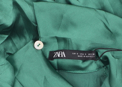 Zara Women’s Green Satin Fit & Flare Midi Dress Size 8 Long Sleeve High Neck