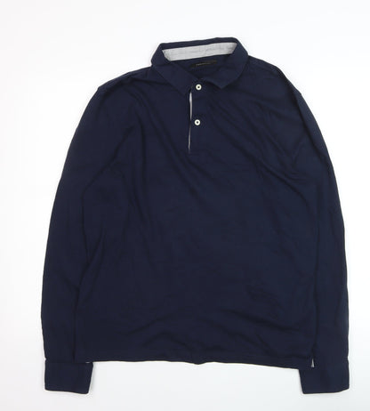 Cortefiel Men's Blue Long Sleeve Cotton Polo Shirt Size L