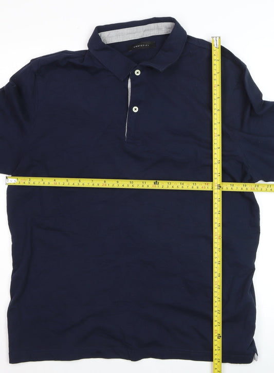 Cortefiel Men's Blue Long Sleeve Cotton Polo Shirt Size L