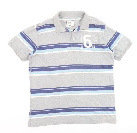 Dig Star Men's Grey Striped Cotton Polo Shirt Size M
