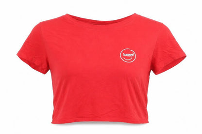 Front view of Monki women’s red cropped t-shirt medium cotton crew neck casual