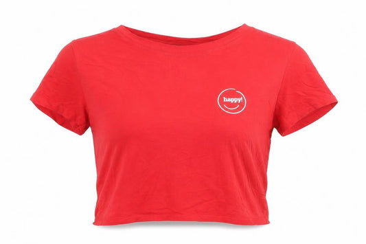 Front view of Monki women’s red cropped t-shirt medium cotton crew neck casual