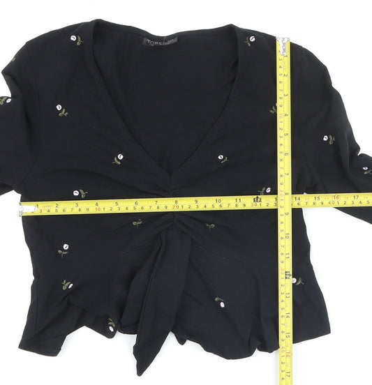 Topshop Women’s Black Floral Embroidered Cropped Long Sleeve Blouse Size 10