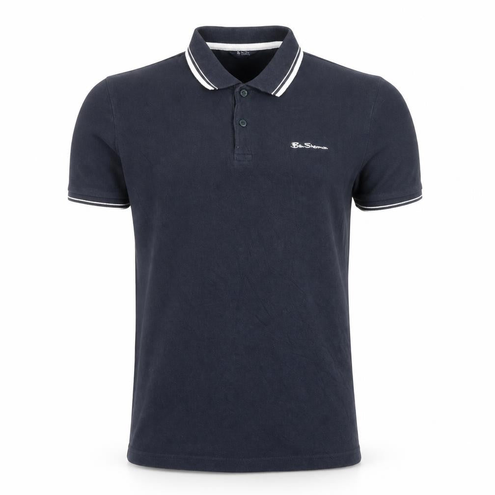 Front view of Ben Sherman Men's Blue Cotton Polo Shirt M Regular Fit
