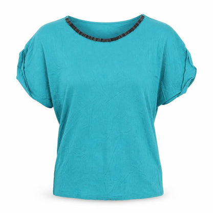 Front view of Marks & Spencer Per Una Blue Beaded Neck Women’s, size UK 18, Jersey T-Shirt