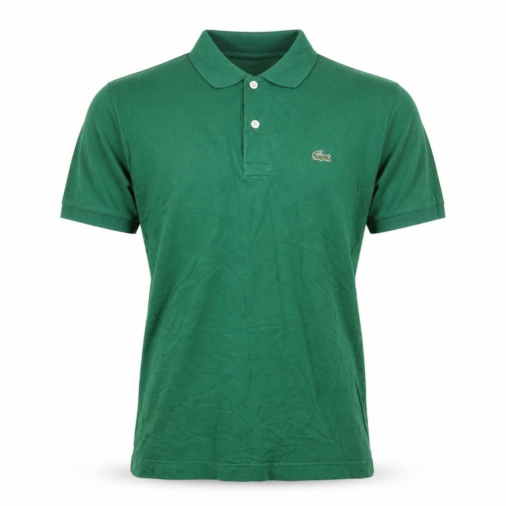 Front view of Lacoste men’s green short sleeve cotton polo shirt, size M