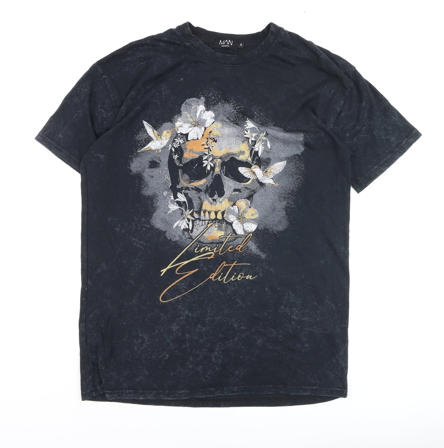 BoohooMAN Men's Black Skull Floral Limited Edition T-Shirt Size S