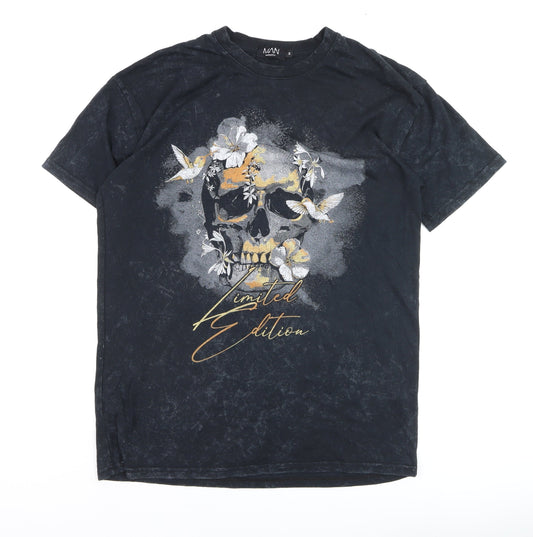 BoohooMAN Men's Black Skull Floral Limited Edition T-Shirt Size S