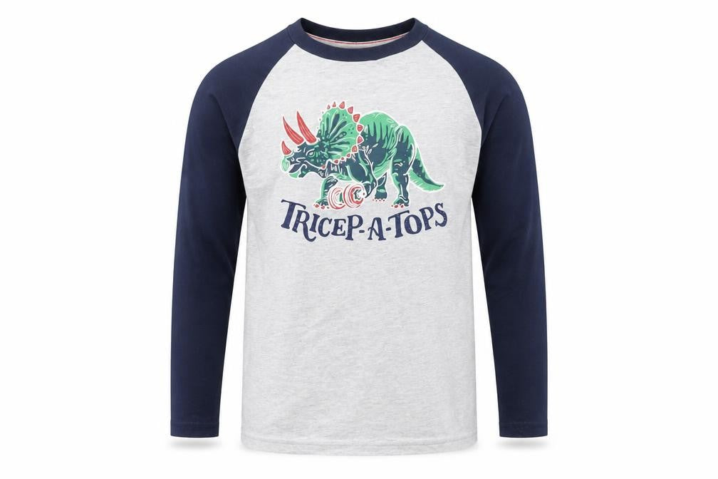Front view of Joules boys’ grey long sleeve dinosaur tricep-a-tops cotton t-shirt 9-10 years