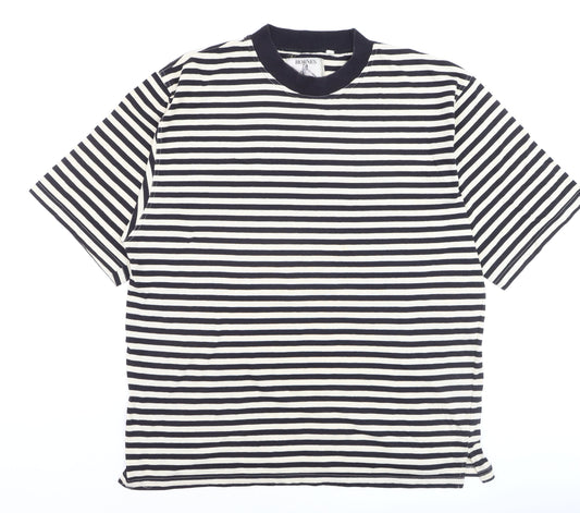 Hornes Men's Black Striped Nautical Crew Neck Cotton T-Shirt XL