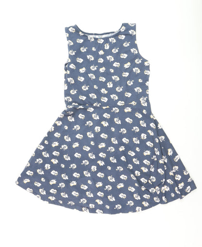 Beach Time Women Blue Floral Skater Dress Size 14 Sleeveless Casual
