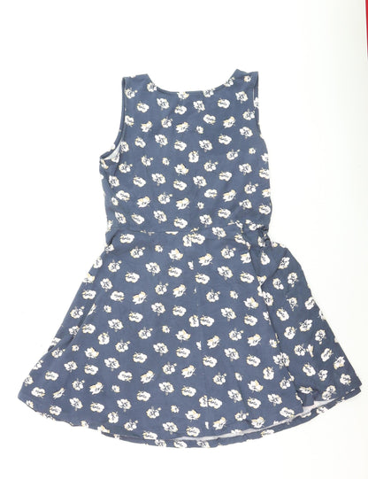 Beach Time Women Blue Floral Skater Dress Size 14 Sleeveless Casual