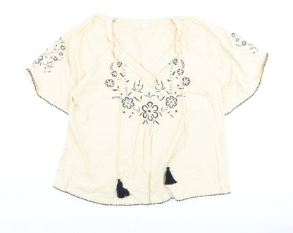 Marks and Spencer Per Una Women's Beige Embroidered Cotton Peasant Blouse Size 12