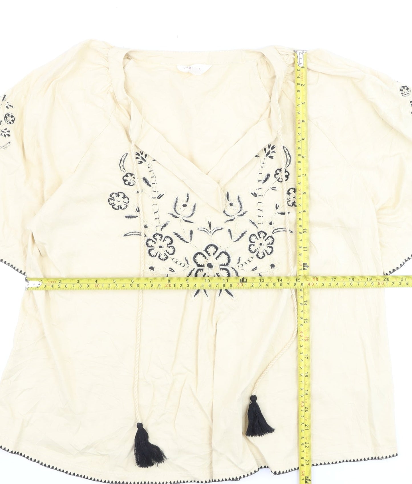 Marks and Spencer Per Una Women's Beige Embroidered Cotton Peasant Blouse Size 12