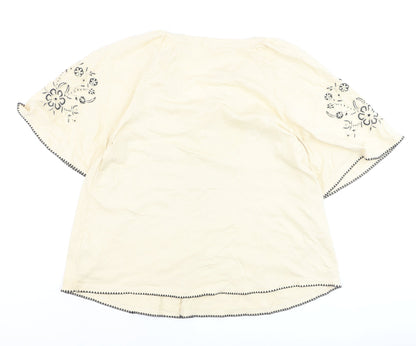 Marks and Spencer Per Una Women's Beige Embroidered Cotton Peasant Blouse Size 12