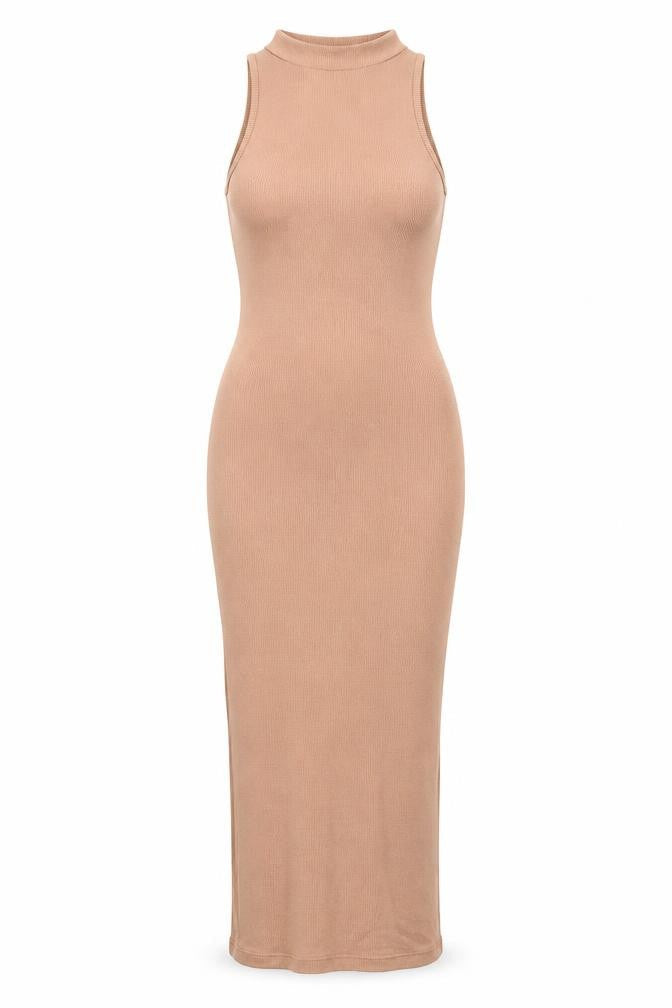 Front view of Missguided Women’s Beige Sleeveless Midi Bodycon Dress, size UK 8