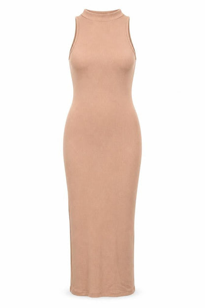 Front view of Missguided Women’s Beige Sleeveless Midi Bodycon Dress, size UK 8