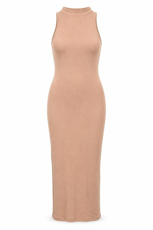 Front view of Missguided Women’s Beige Sleeveless Midi Bodycon Dress, size UK 8