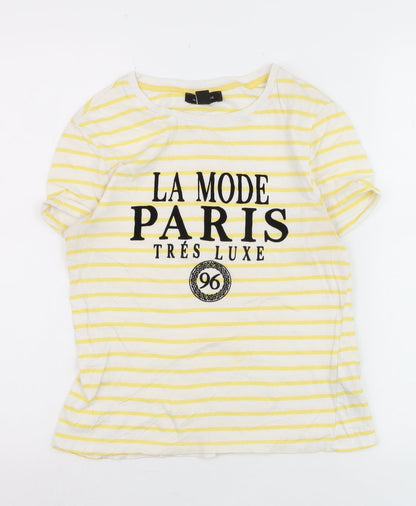 New Look Women's Yellow Striped Paris Print Cotton T-Shirt Size 8