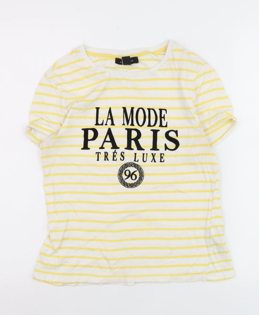 New Look Women's Yellow Striped Paris Print Cotton T-Shirt Size 8