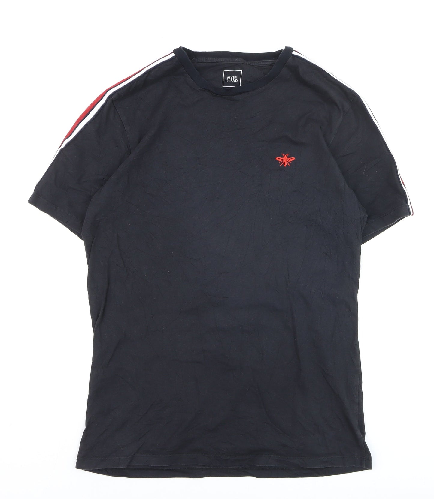 River Island Men's Black Slim Fit Crew Neck Bee Embroidered T-Shirt Size M