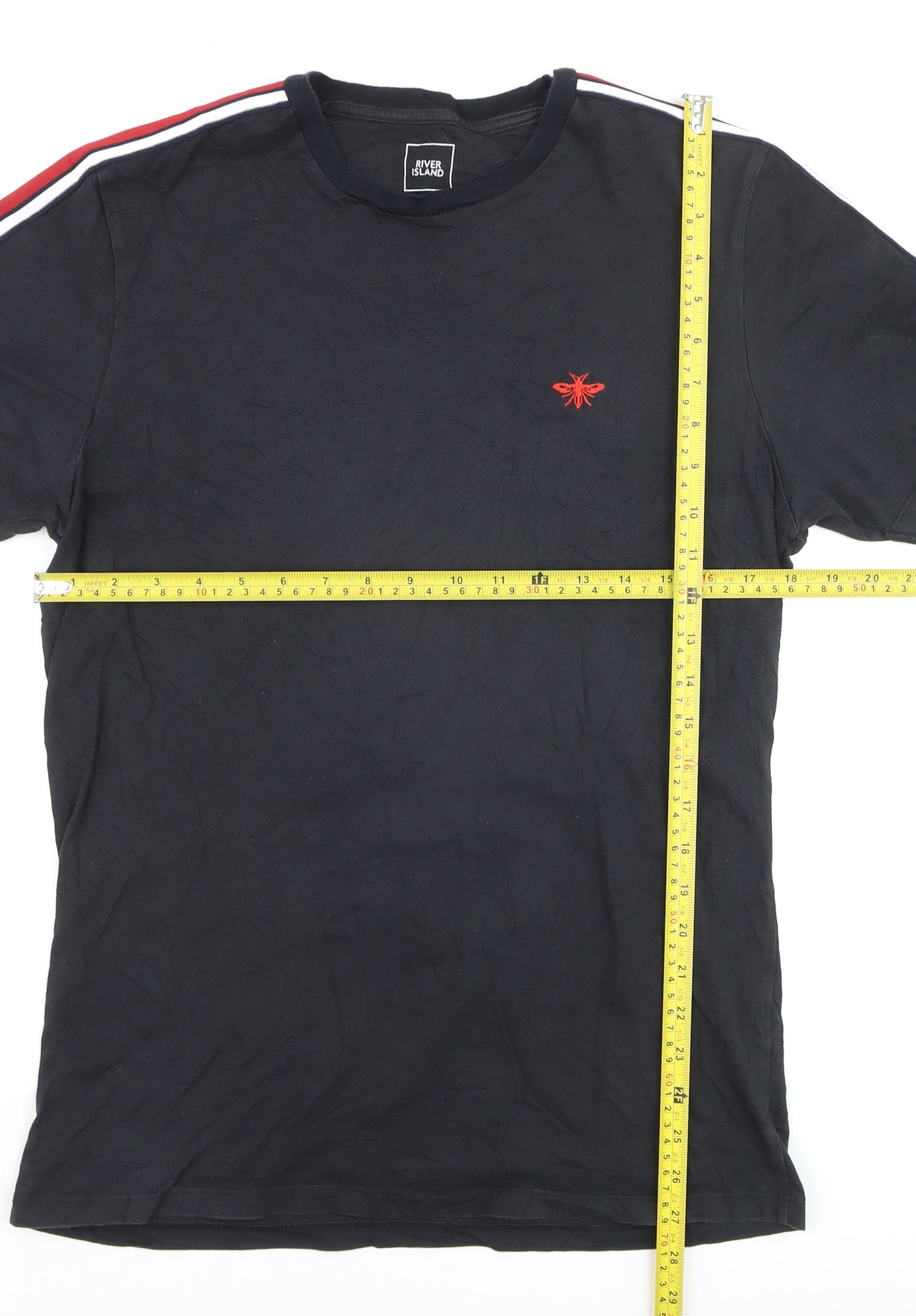 River Island Men's Black Slim Fit Crew Neck Bee Embroidered T-Shirt Size M