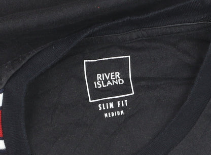River Island Men's Black Slim Fit Crew Neck Bee Embroidered T-Shirt Size M