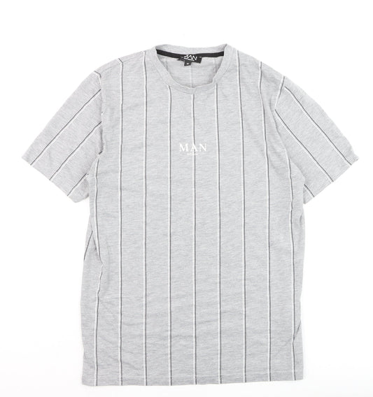 boohooMAN Unisex Grey Striped Basic T-Shirt Size M Crew Neck