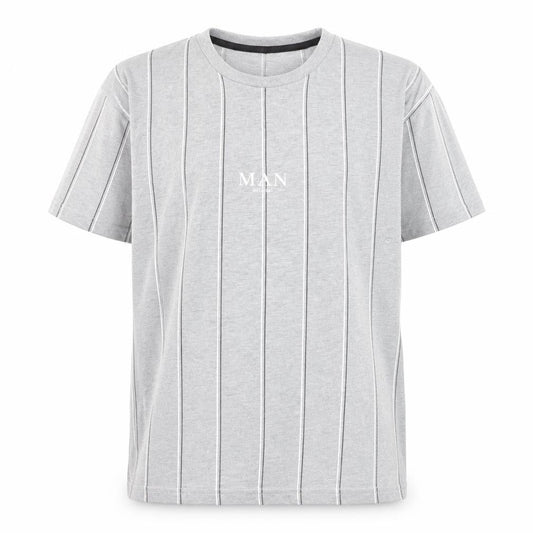Front view of boohooMAN unisex grey striped basic t-shirt, size M, crew neck