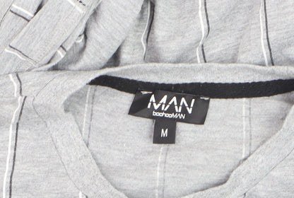 boohooMAN Unisex Grey Striped Basic T-Shirt Size M Crew Neck