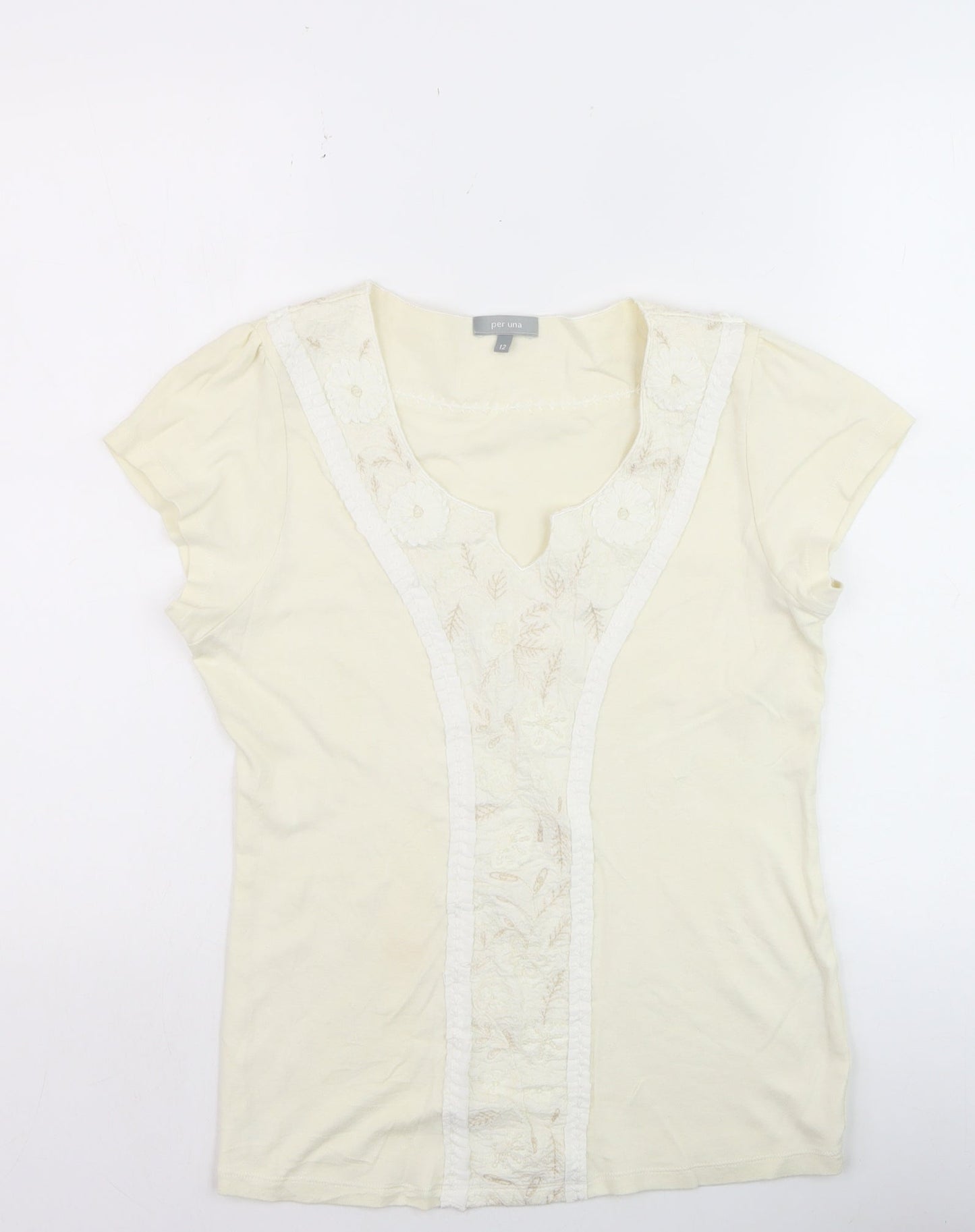 Marks and Spencer Per Una Women’s Ivory Embroidered V-Neck T-Shirt Size 12